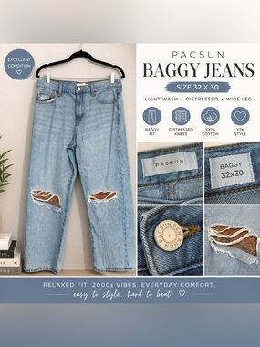 PACSUN Baggy Jeans 32x30 Distressed Light Wash Wide Leg Denim